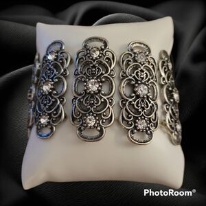 Vintage Floral Filigree Rhinestone Chunky Wide Stretch Bracelet